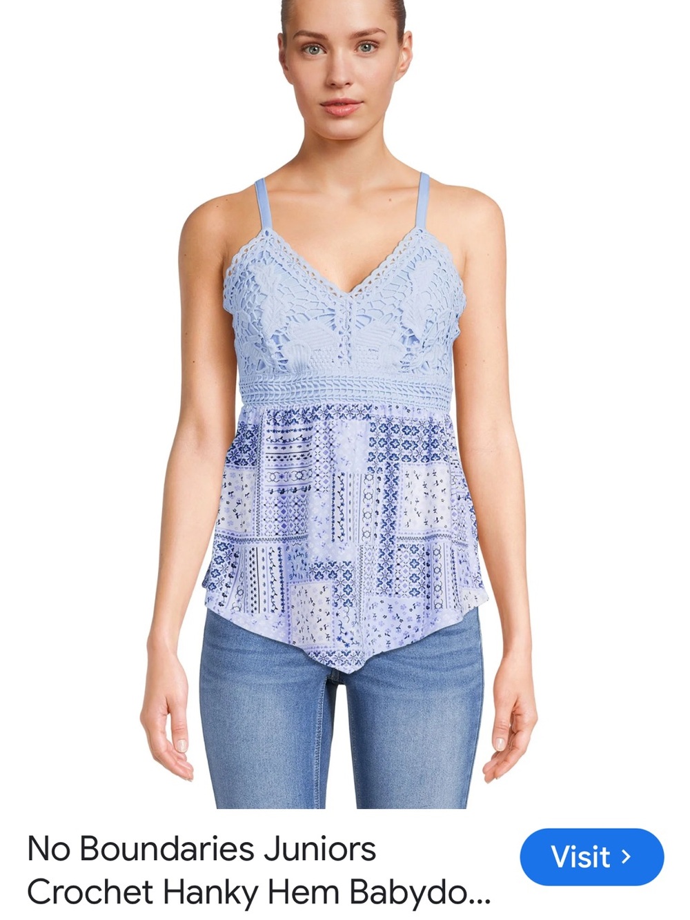 No Boundaries Light Blue Crochet Hanky Hem Camisole